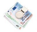 Klip na pieniądze CASH CHECK z duża powierzchnią na reklamę, wykonany z solidnego metalu, pakowany w pudełko.