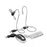 Zestaw USB GEAR TRAVEL GEAR : 4-portowy HUB, mini mysz optyczna, wentylator lampki LED na elastycznych ramionach, pakowany w etui z płytką na reklamę.