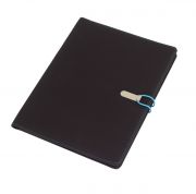 Portfolio &quot;Session&quot; w formacie DIN A4, zawiera notes, pętelkę na przybory do pisania, różne wsuwane kieszenie, metalowy haczyk z kolorową gumką do zamknięcia.