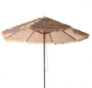 Ogrodowy i plażowy parasol &quot;Hawaii&quot; : średnica ok. 268 cm zapewnia dużo cienia, z dwuczęściową, drewnianą laską (średnica 3,8 cm) i drewnianymi szynami, sznurkowy system otwierania, wodoodporne poszycie poliestrowe przypominające słomę, bez stoj