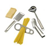 Zestaw do spaghetti z tarką do sera, urządzeniem do porcjowania makaronu, szczypcami do makaronu i chochlą.