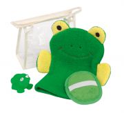 Zestaw do masażu &quot;Funny frog&quot; , składa się z rękawicy do masażu, kąpielowej żaby oraz myjki, pakowane w przezroczystą zapinaną torbę.