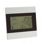 Stacja pogodowa &quot;Shiny Day&quot; z ekranem LCD, aluminiową częścią przednią, budzikiem, datownikiem, termometrem i rozkładanym stojaczkiem.