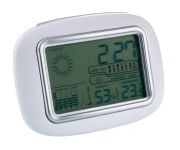 Stacja pogodowa CALOR : z termometrem, higrometrem, wyświetla godzinę i wilgotność powietrza, niebeiskie podświetlenie LED, wykonana z białego plastiku ABS, baterie: 2 x AAA (brak w zestawie).